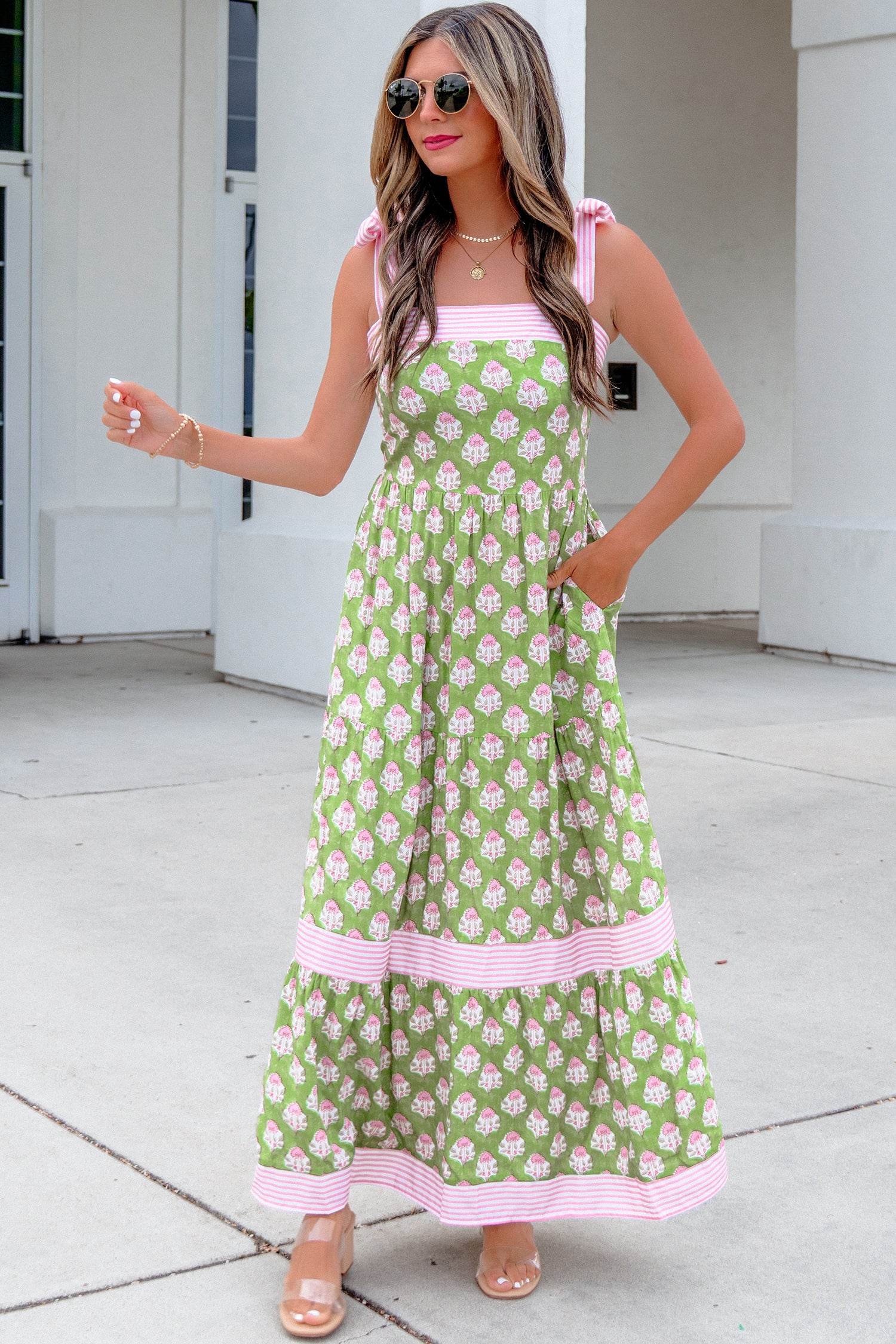 Green Floral Print Striped Detail Knot Straps Maxi Dress