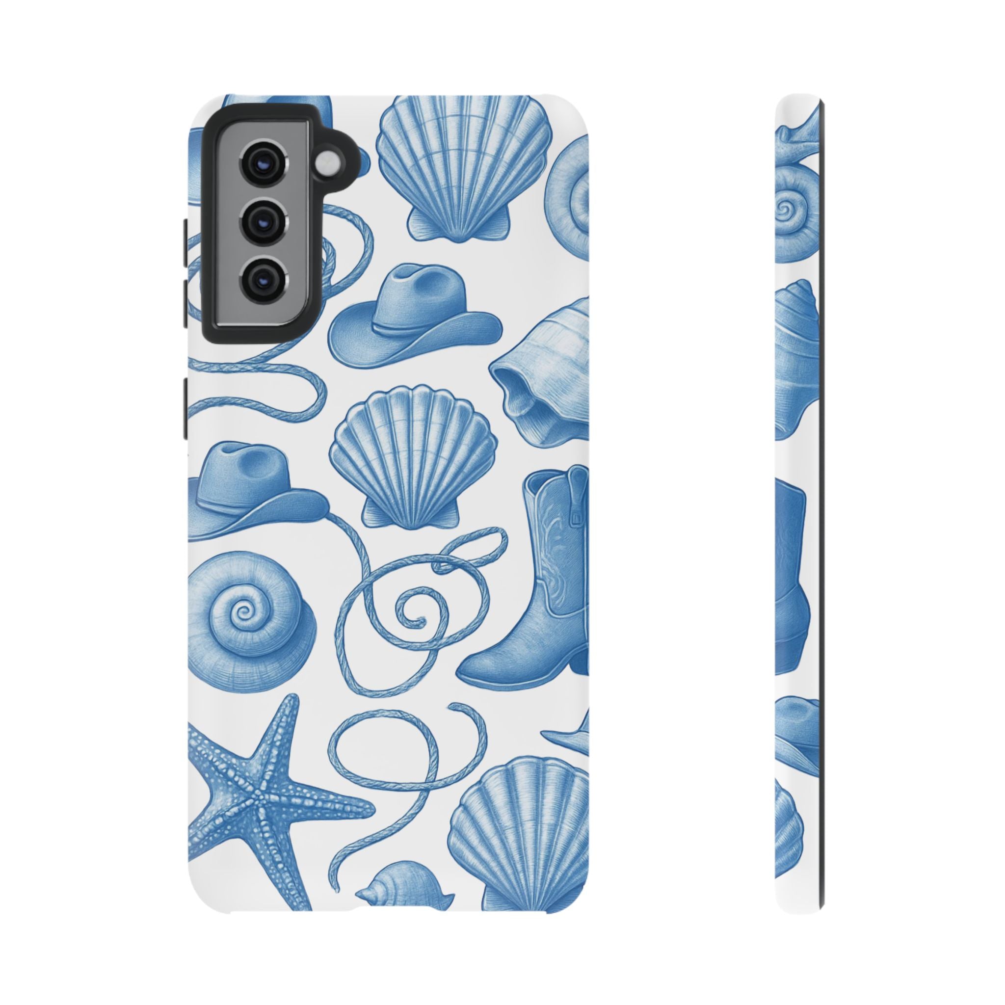 Blue Coastal Cowgirl Phone Case – Seashells, Boots & Beach Vibes