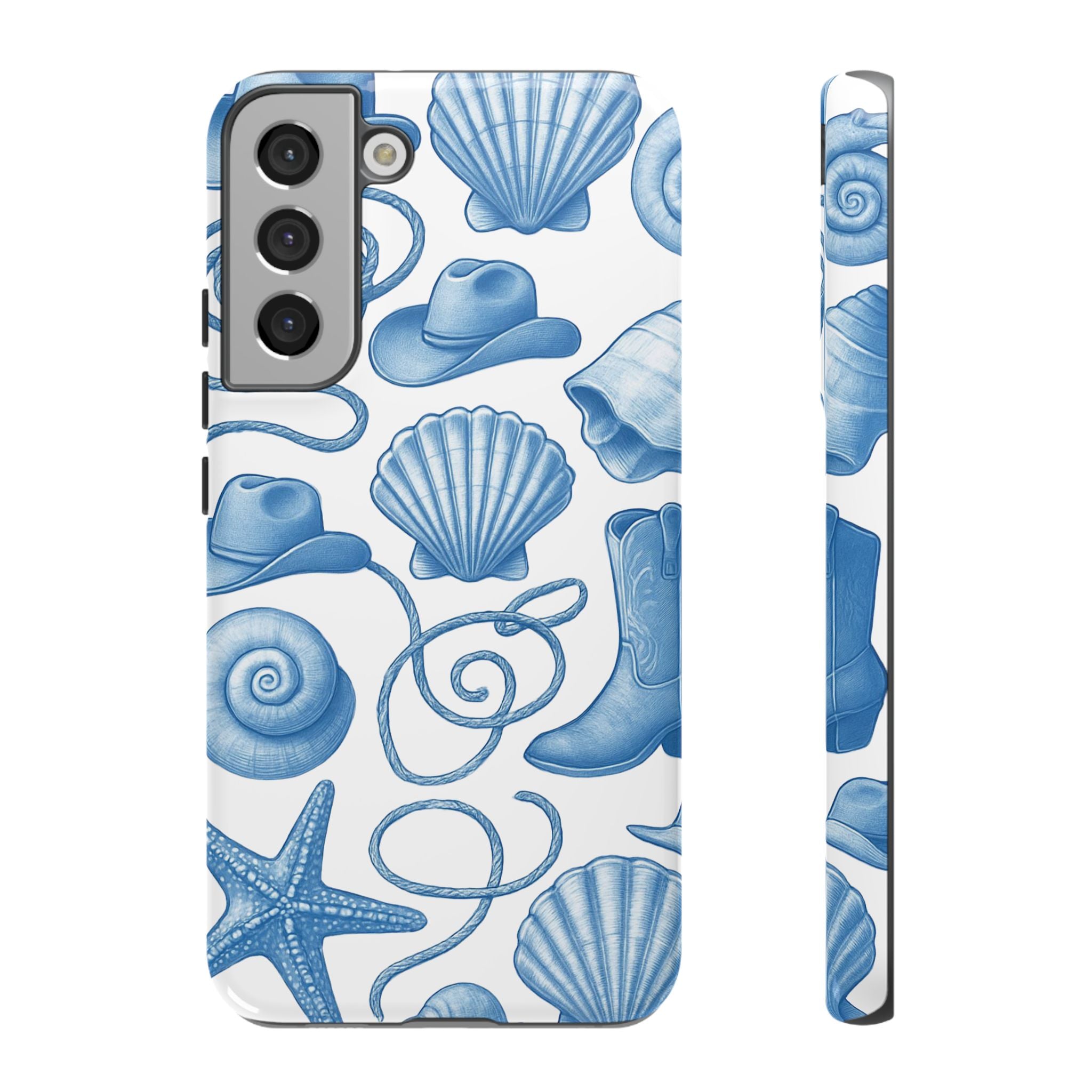 Blue Coastal Cowgirl Phone Case – Seashells, Boots & Beach Vibes