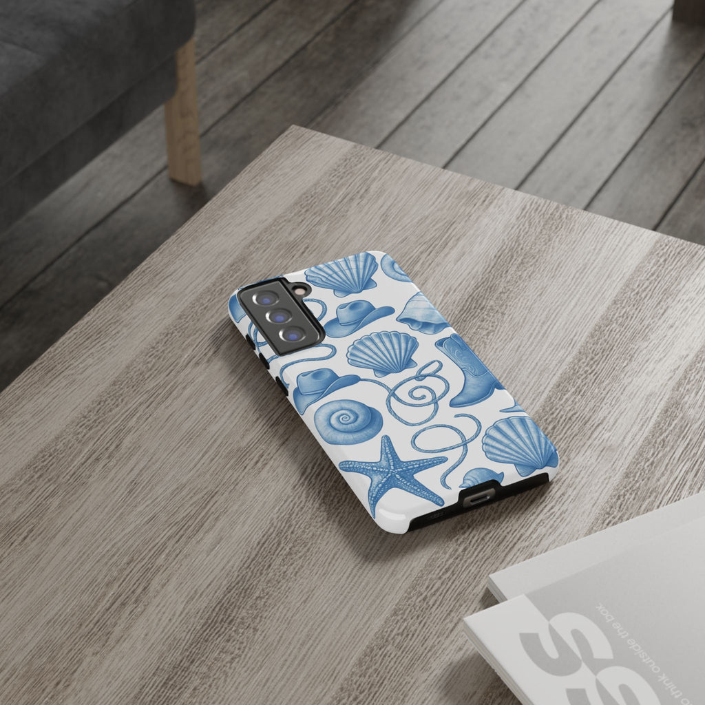 Blue Coastal Cowgirl Phone Case – Seashells, Boots & Beach Vibes
