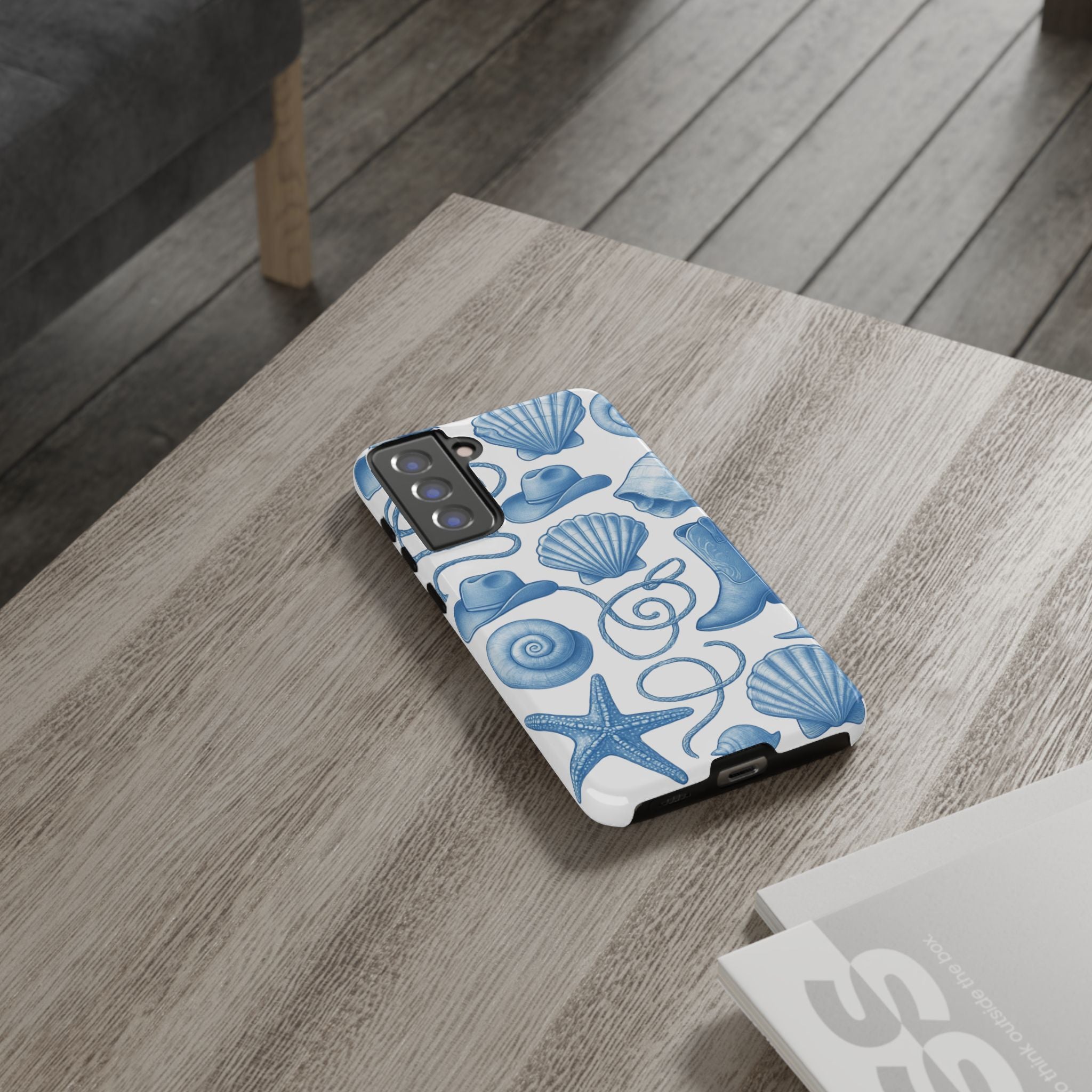 Blue Coastal Cowgirl Phone Case – Seashells, Boots & Beach Vibes