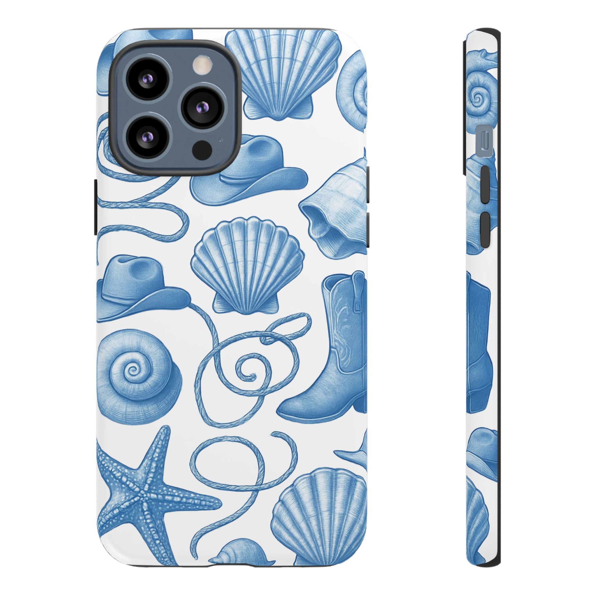 Blue Coastal Cowgirl Phone Case – Seashells, Boots & Beach Vibes