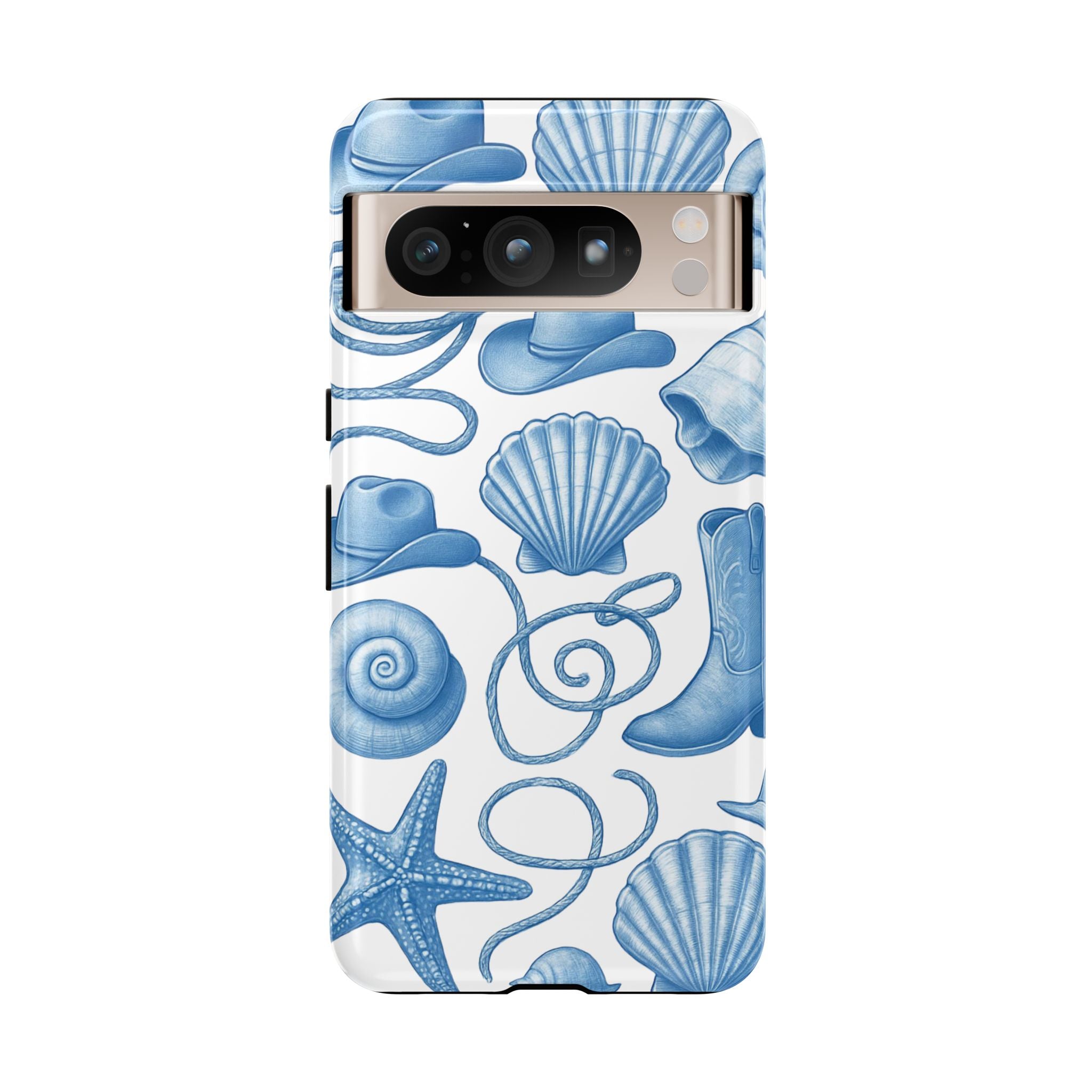Blue Coastal Cowgirl Phone Case – Seashells, Boots & Beach Vibes