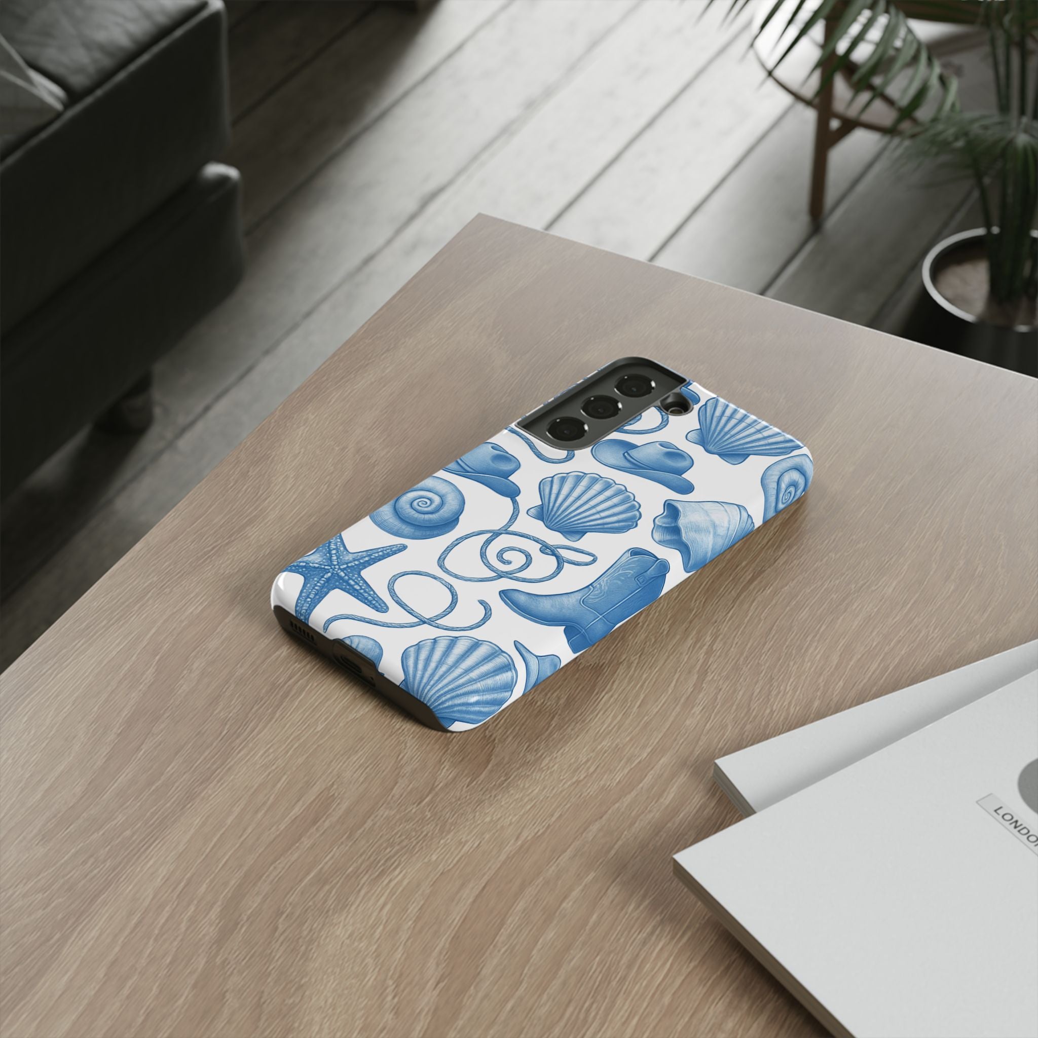 Blue Coastal Cowgirl Phone Case – Seashells, Boots & Beach Vibes