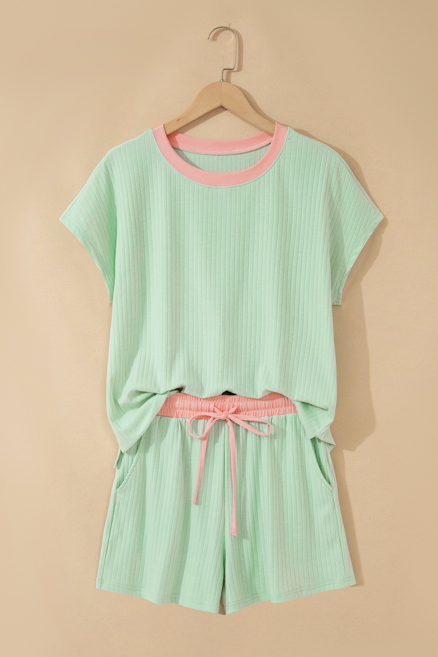 Yellow Cream Soft Ribbed Color Block Trim Casual Short Set