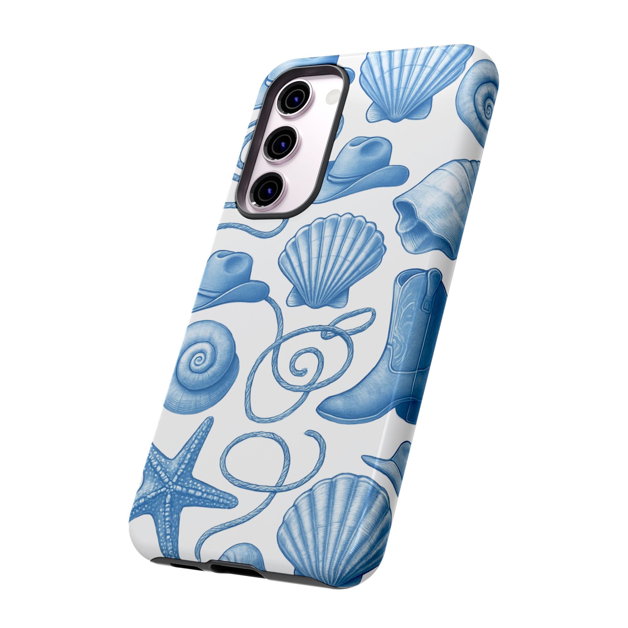 Blue Coastal Cowgirl Phone Case – Seashells, Boots & Beach Vibes