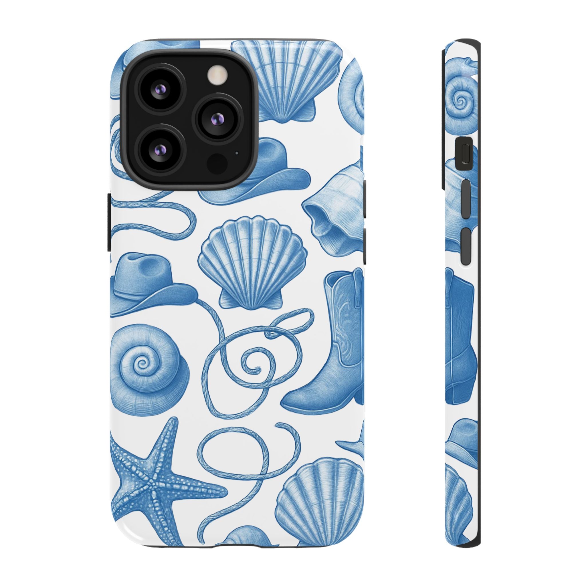 Blue Coastal Cowgirl Phone Case – Seashells, Boots & Beach Vibes