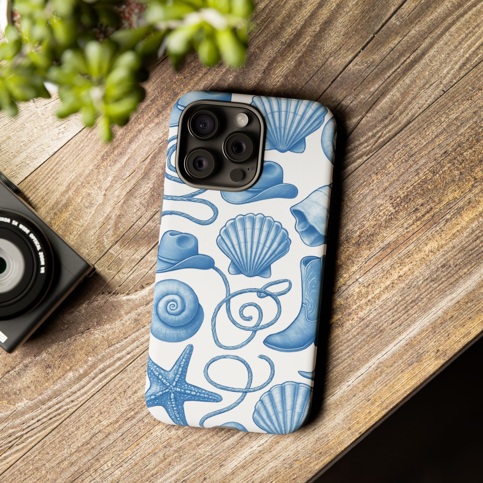 Blue Coastal Cowgirl Phone Case – Seashells, Boots & Beach Vibes