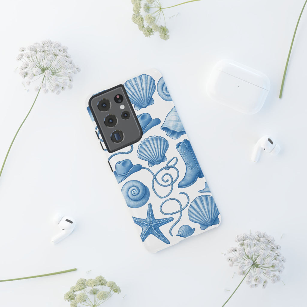 Blue Coastal Cowgirl Phone Case – Seashells, Boots & Beach Vibes