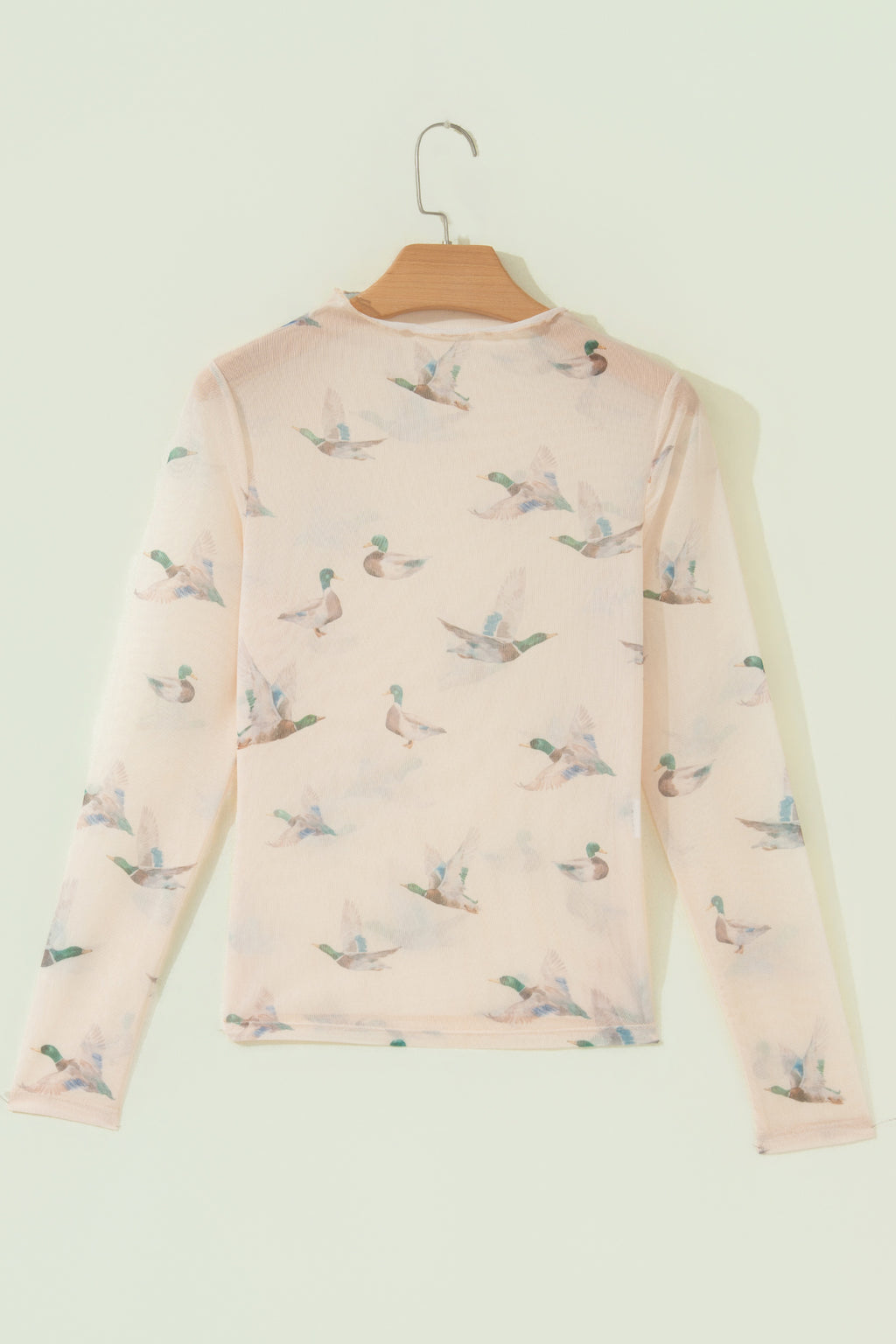Beige High Neck Western Print Mesh Sheer Long Sleeve Top