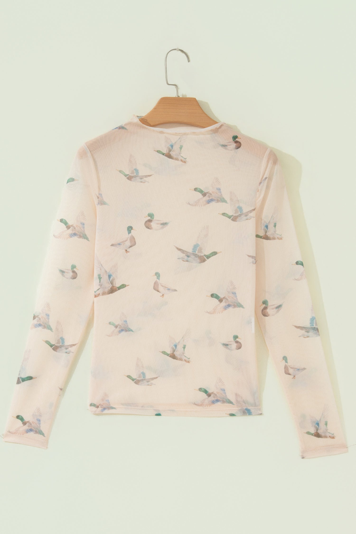Beige High Neck Western Print Mesh Sheer Long Sleeve Top