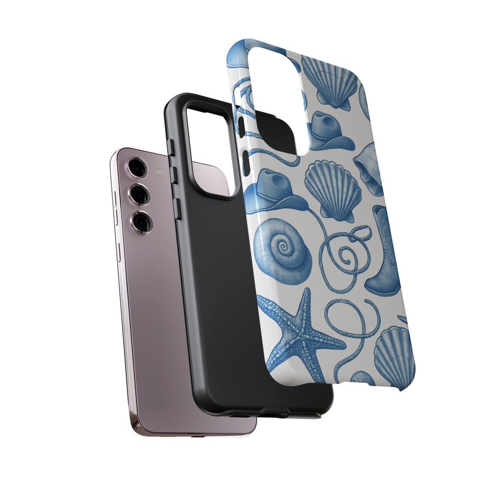 Blue Coastal Cowgirl Phone Case – Seashells, Boots & Beach Vibes