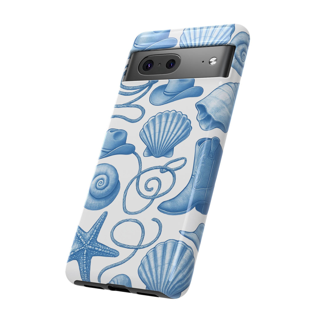 Blue Coastal Cowgirl Phone Case – Seashells, Boots & Beach Vibes