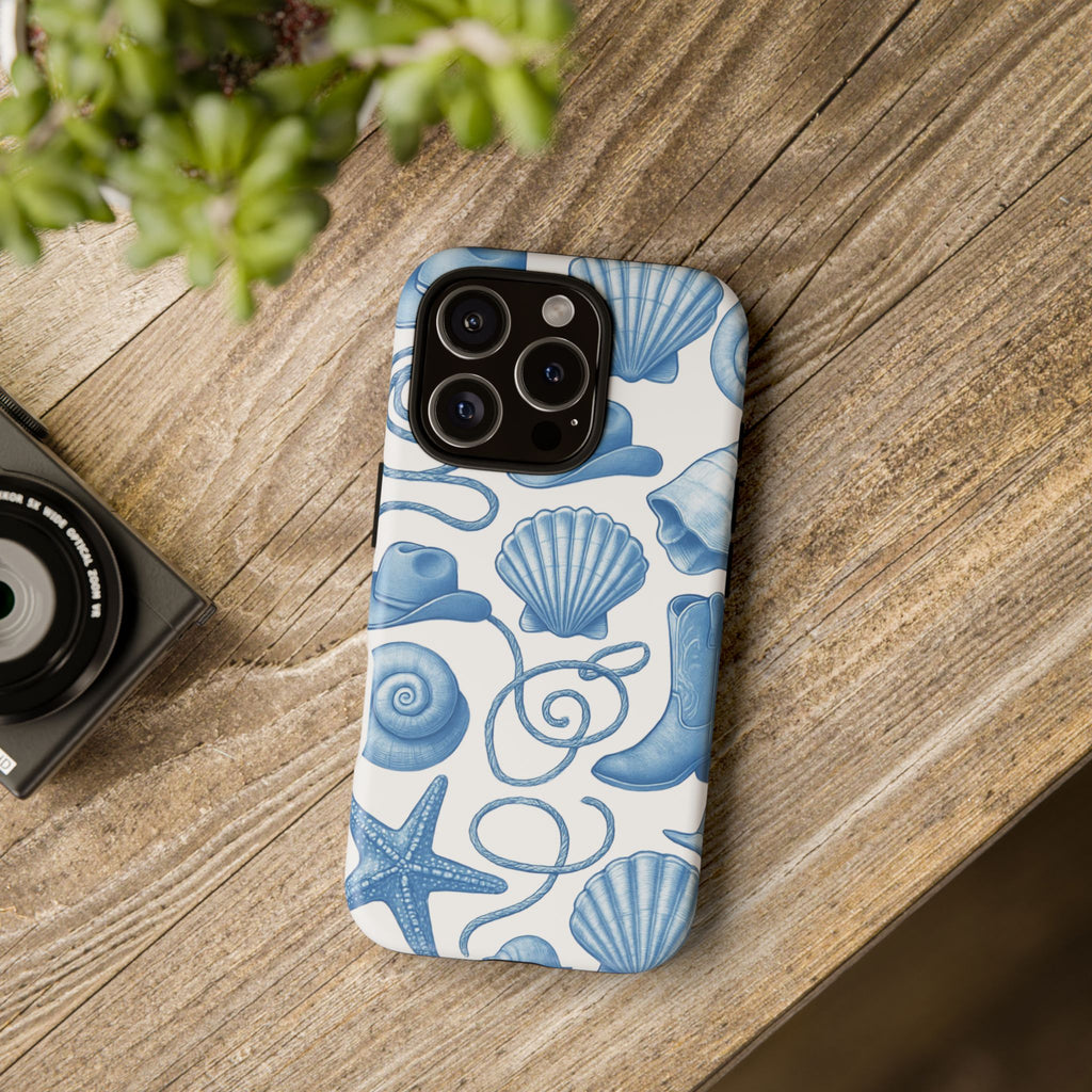 Blue Coastal Cowgirl Phone Case – Seashells, Boots & Beach Vibes
