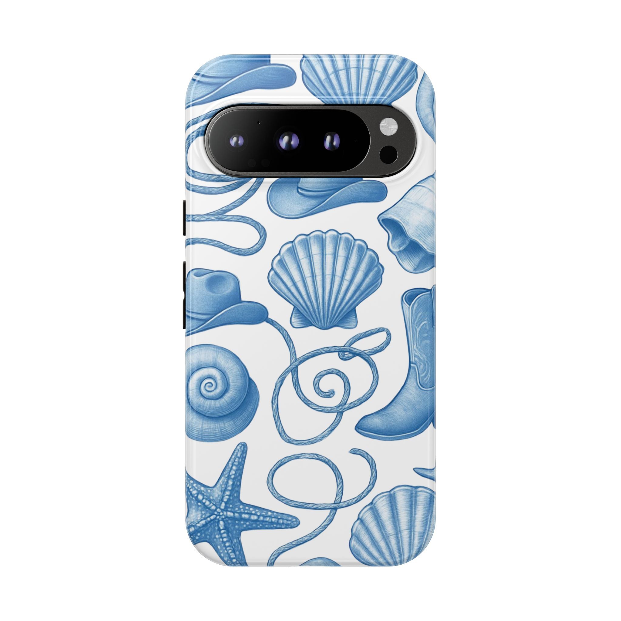 Blue Coastal Cowgirl Phone Case – Seashells, Boots & Beach Vibes