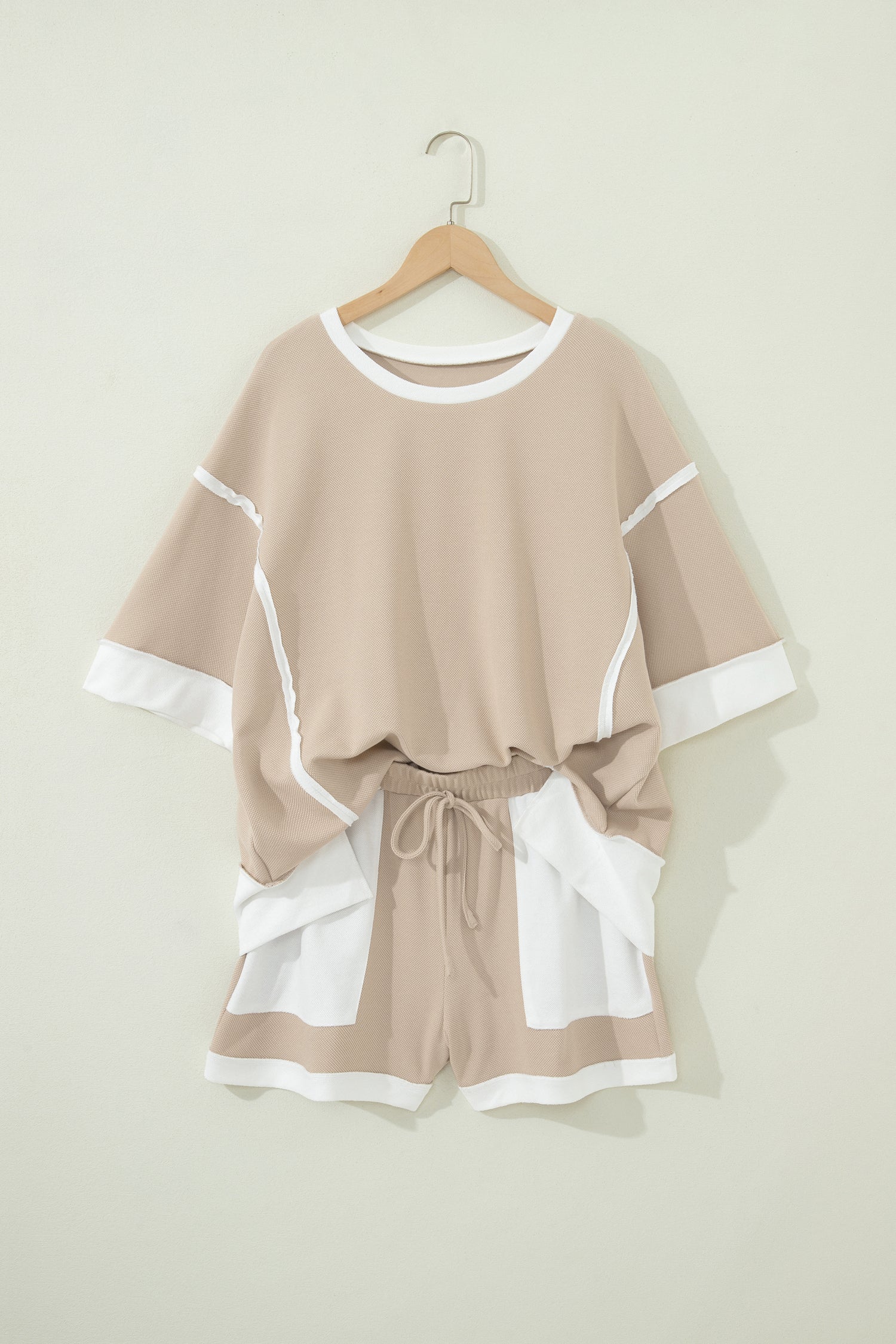 Beige Raw Edge Color Block Patchwork Oversize Tee Drawstring Loose Shorts 2pcs Set
