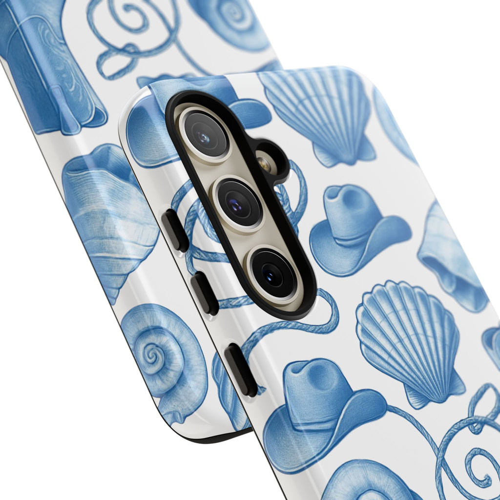 Blue Coastal Cowgirl Phone Case – Seashells, Boots & Beach Vibes