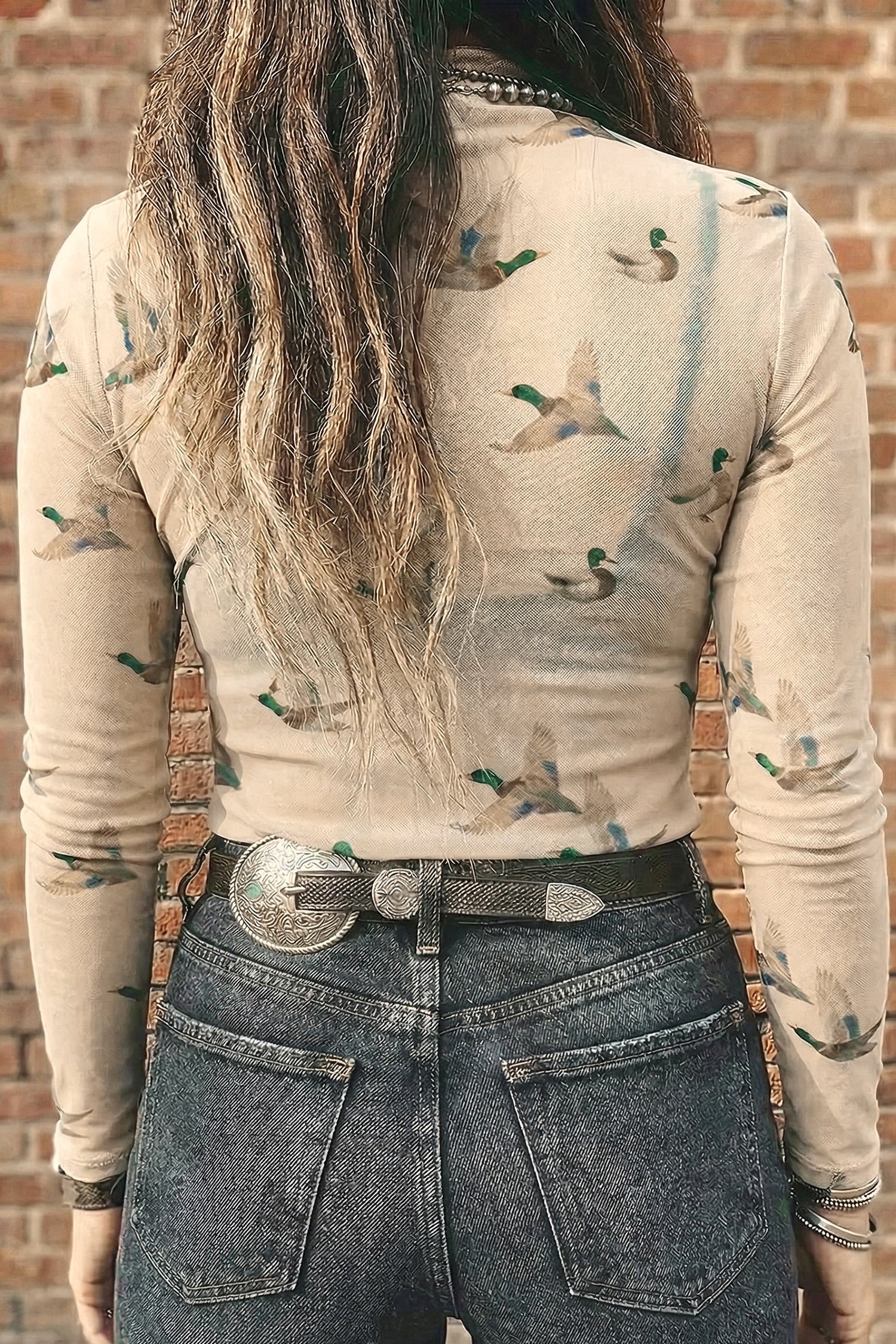 Beige High Neck Western Print Mesh Sheer Long Sleeve Top