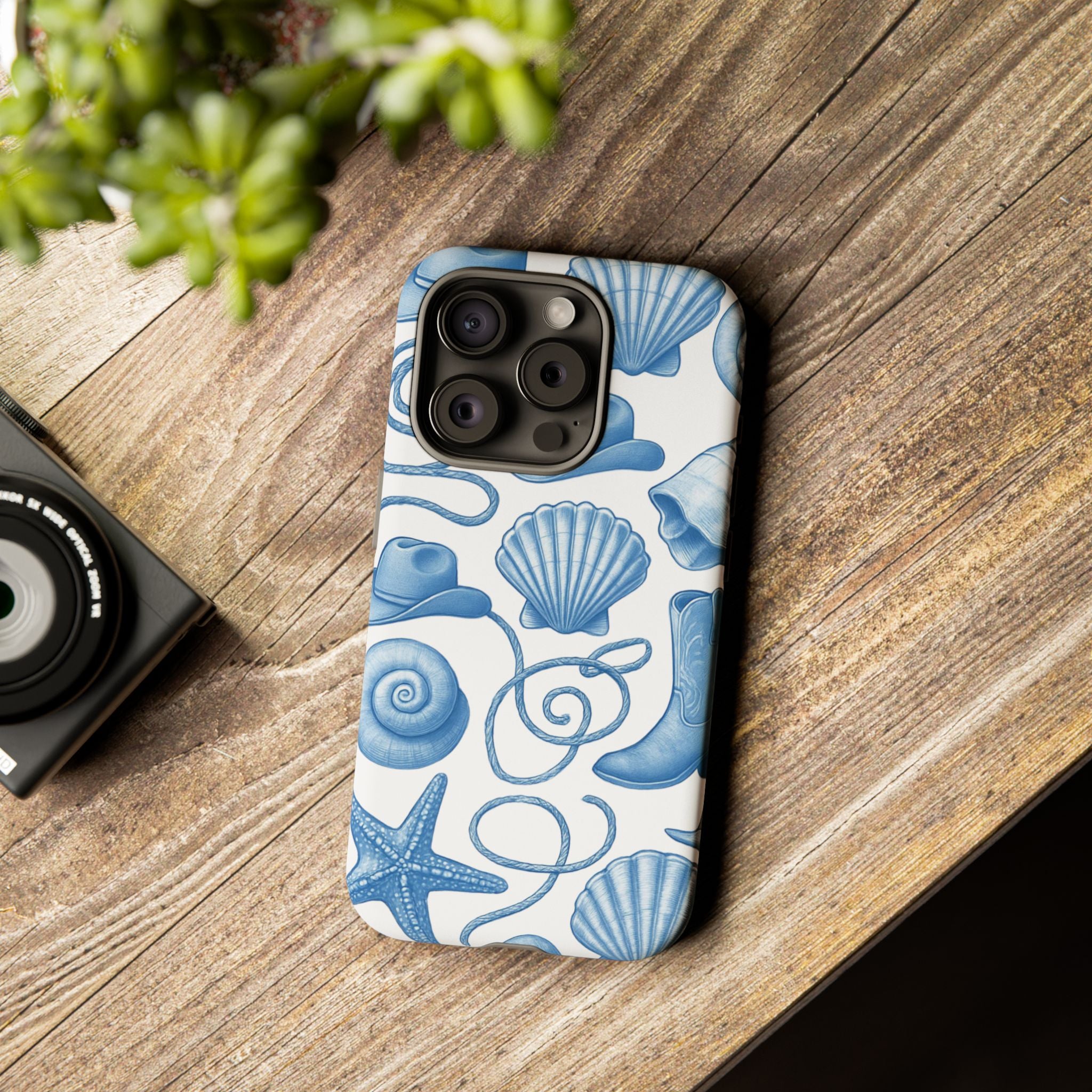 Blue Coastal Cowgirl Phone Case – Seashells, Boots & Beach Vibes