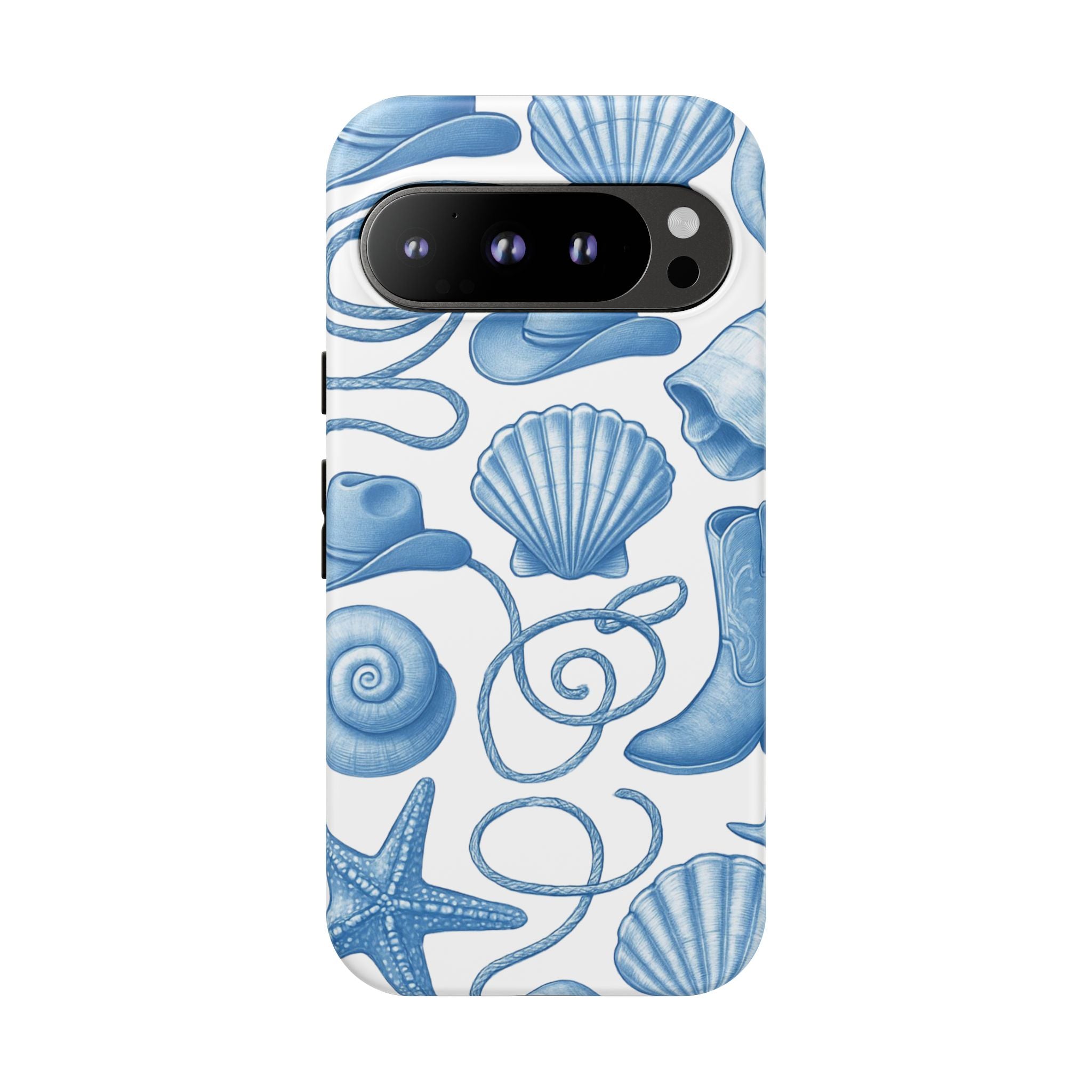 Blue Coastal Cowgirl Phone Case – Seashells, Boots & Beach Vibes