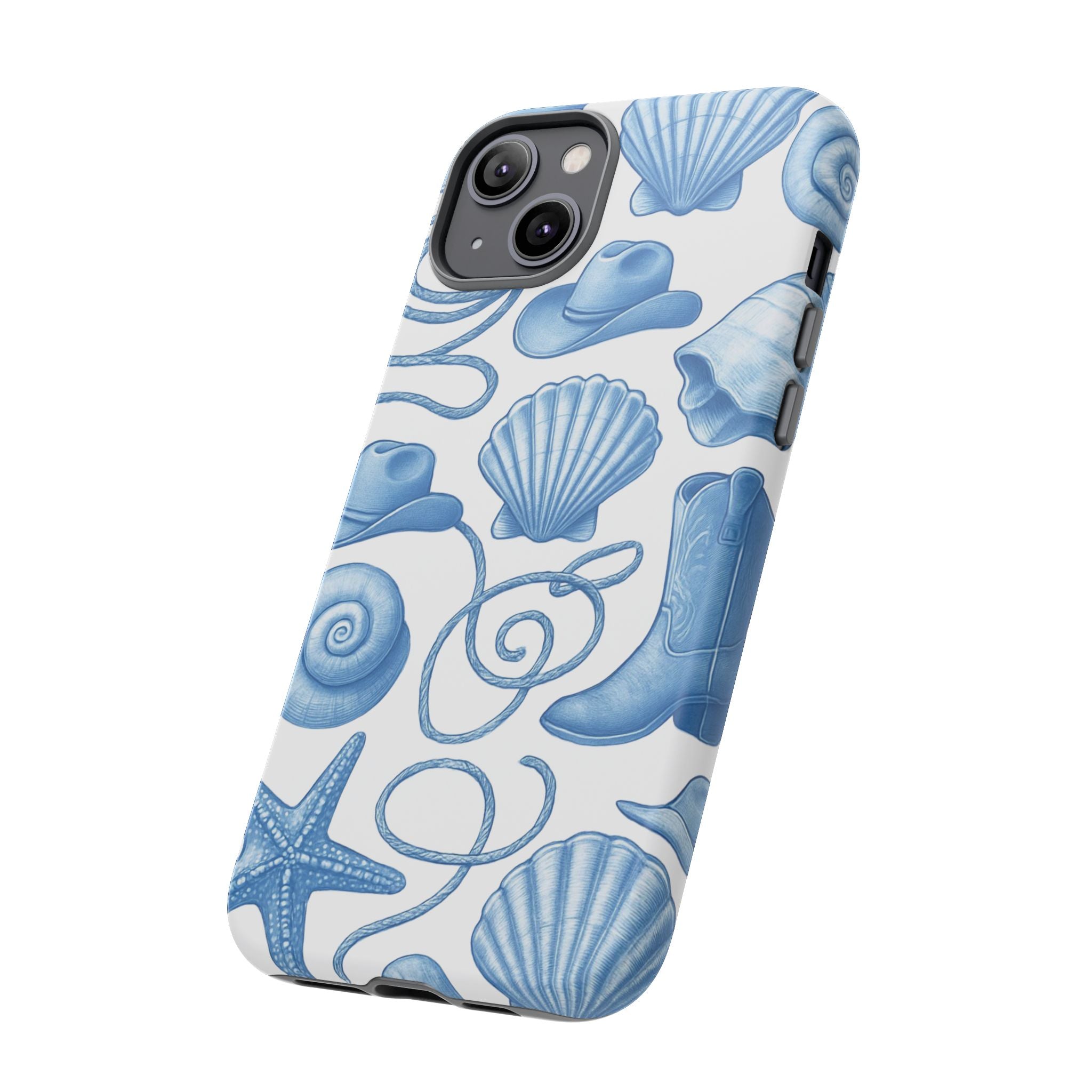 Blue Coastal Cowgirl Phone Case – Seashells, Boots & Beach Vibes