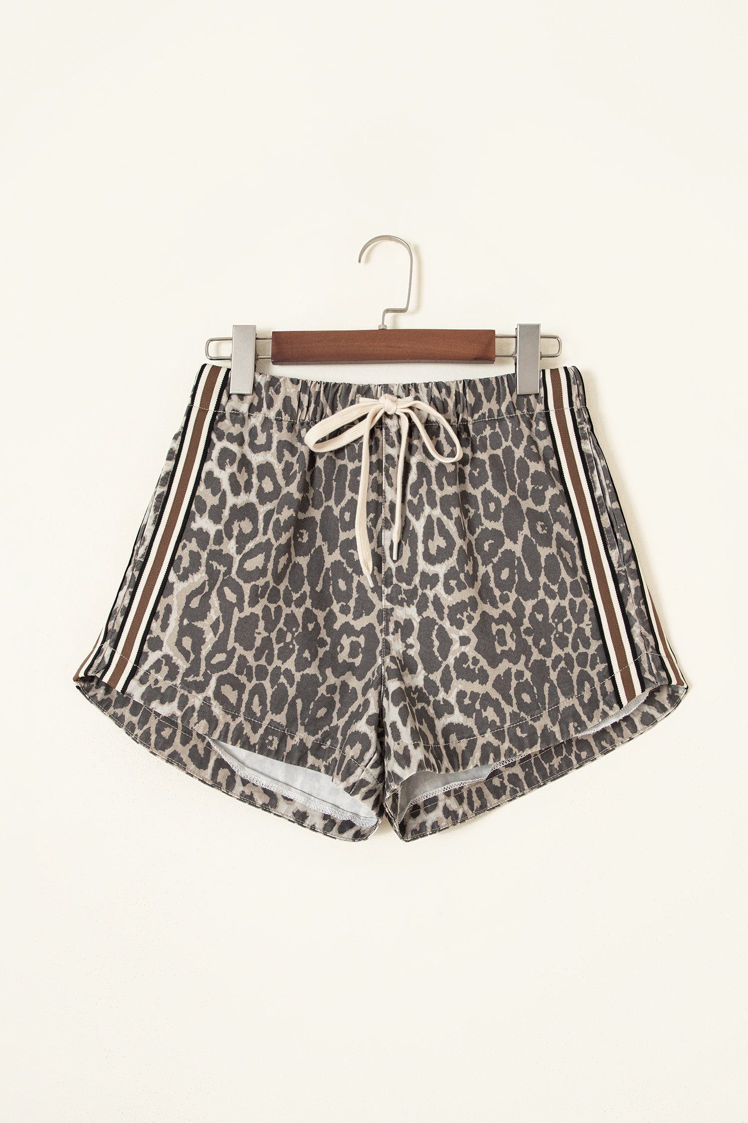 Multicolour Leopard Pattern Striped Detail Drawstring Denim Shorts
