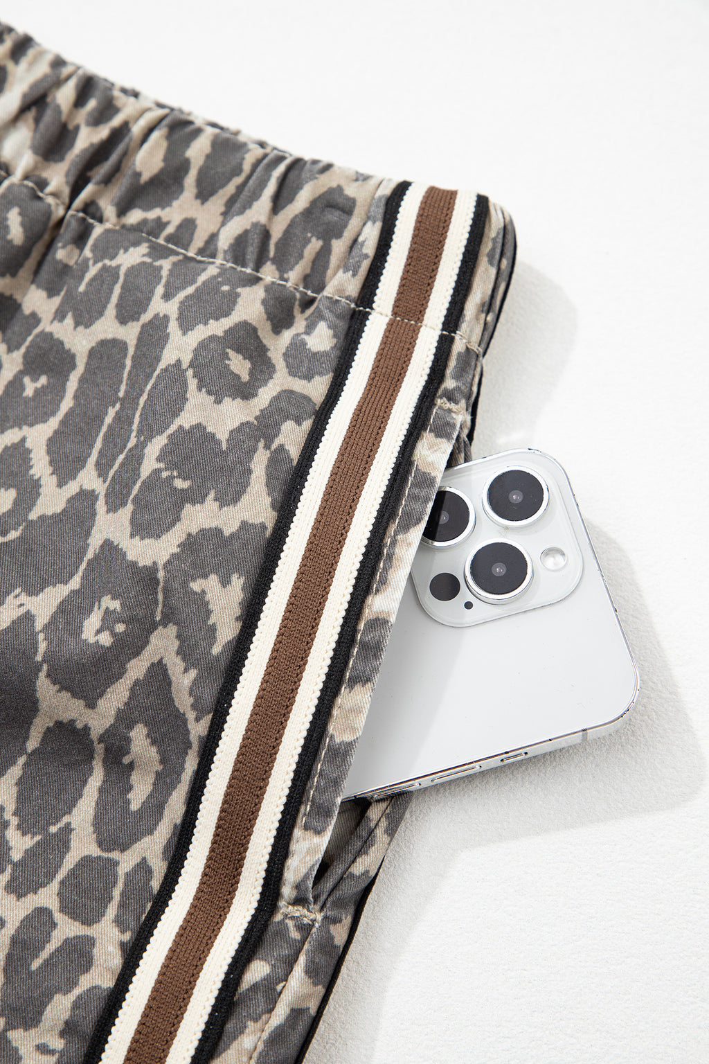 Multicolour Leopard Pattern Striped Detail Drawstring Denim Shorts