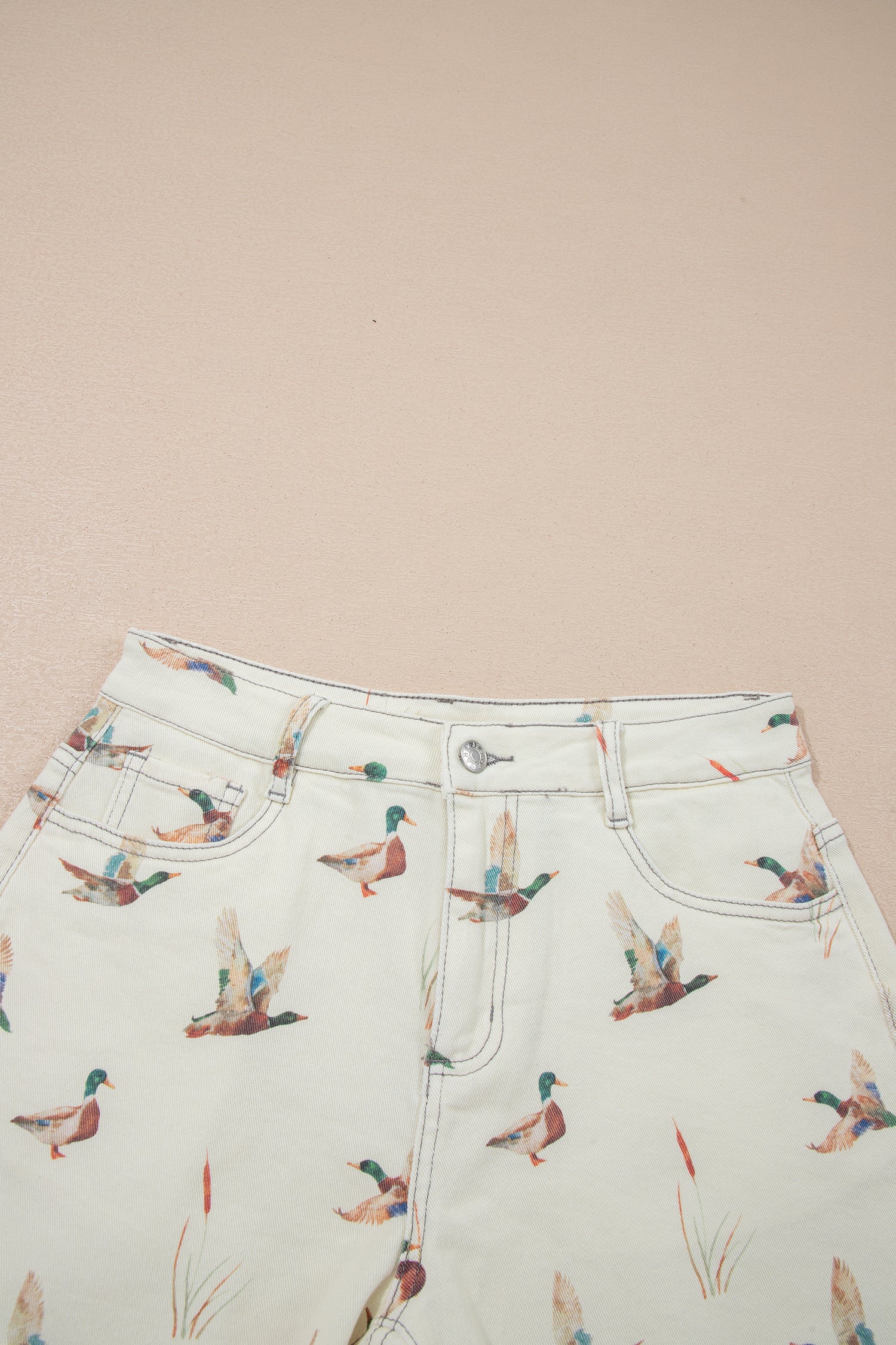 Beige Wild Duck Mallard High Waist Frayed Denim Shorts