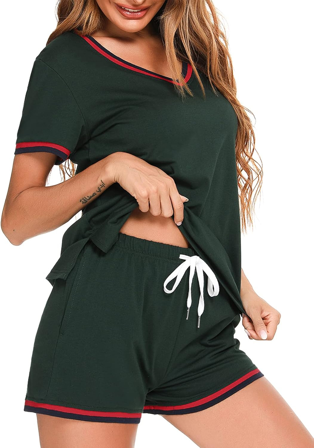 Short Sets Women 2 Piece Outfits Tracksuit Set Silk Pajama Set with Pockets