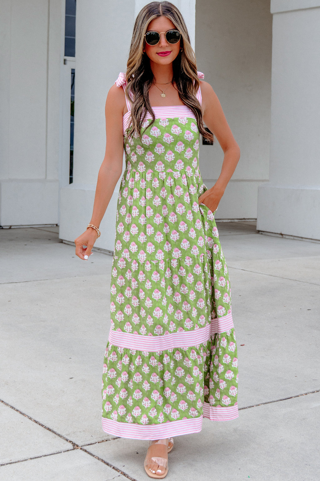 Green Floral Print Striped Detail Knot Straps Maxi Dress