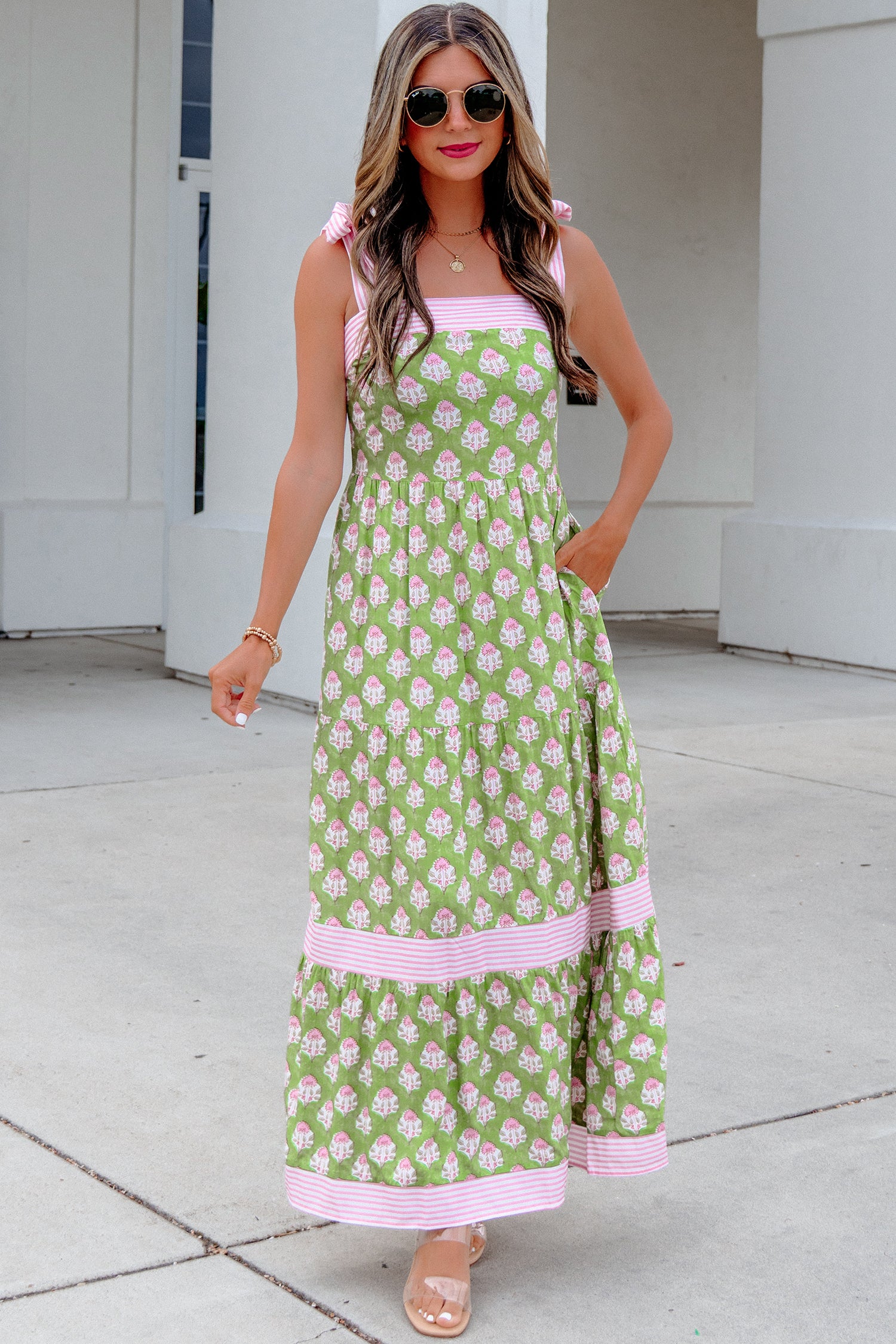 Green Floral Print Striped Detail Knot Straps Maxi Dress