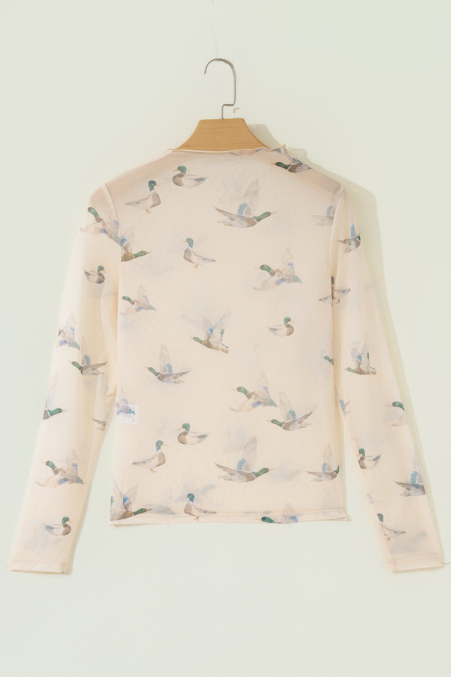 Beige High Neck Western Print Mesh Sheer Long Sleeve Top